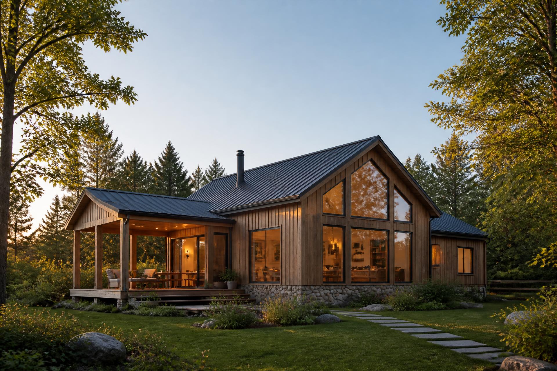 Modern architect-designed family home with warm timber cladding, large glass windows and a lush green garden at dusk